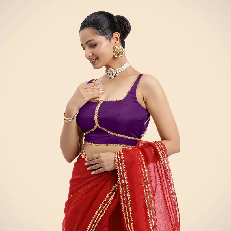 Arya x Tyohaar | Purple Sleeveless FlexiFit™ Saree Blouse with Square Neck and Back Window Embeliished with Golden Gota and Pearl Lace