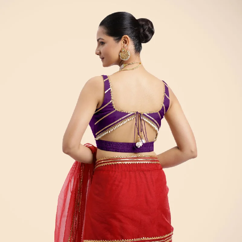 Arya x Tyohaar | Purple Sleeveless FlexiFit™ Saree Blouse with Square Neck and Back Window Embeliished with Golden Gota and Pearl Lace