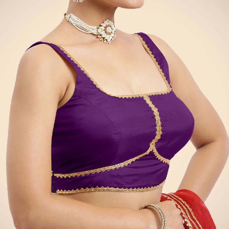 Arya x Tyohaar | Purple Sleeveless FlexiFit™ Saree Blouse with Square Neck and Back Window Embeliished with Golden Gota and Pearl Lace