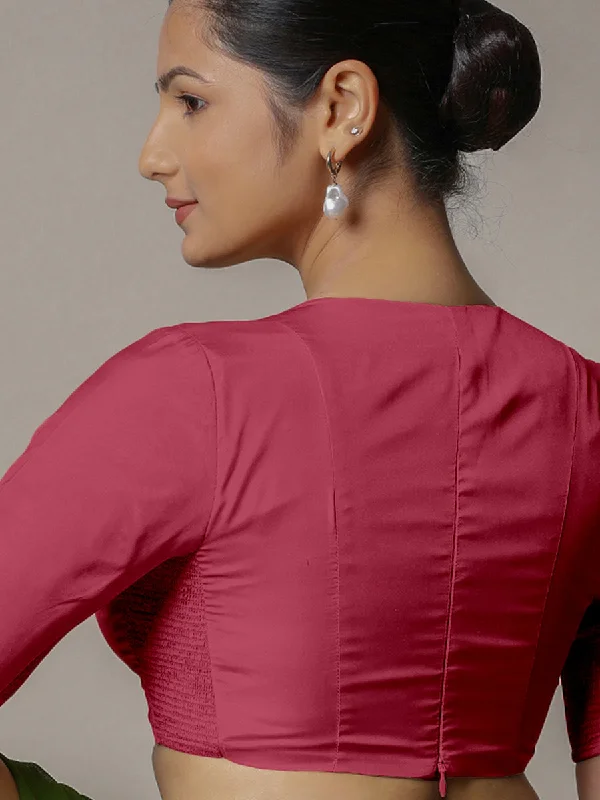 Zeenat x Rozaana | Rani Pink Elbow Sleeves FlexiFit™ Saree Blouse with Plunging Neckline