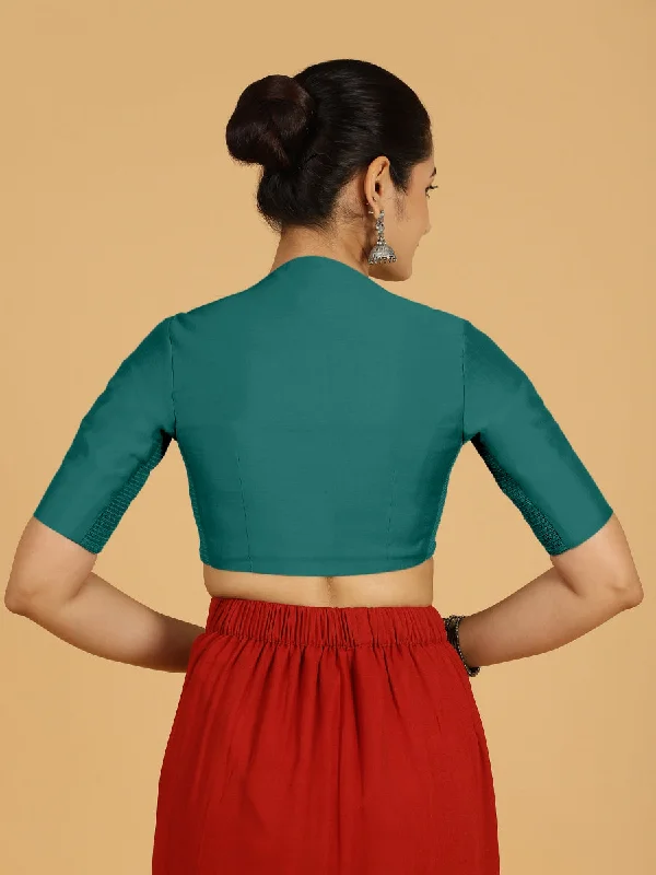 Pallavi x Rozaana | Elbow Sleeves Saree Blouse in Peacock Green