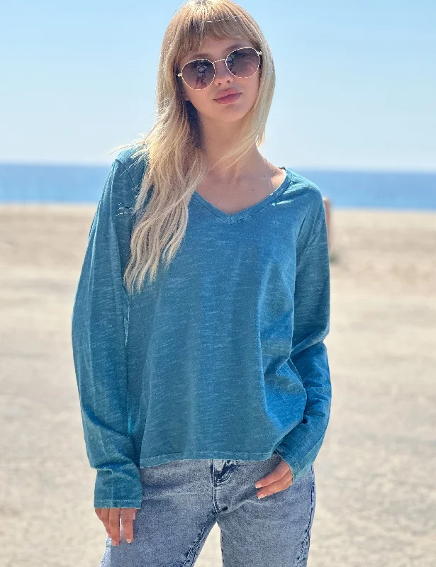 V Neck Long Sleeve Tee Cotton Slub