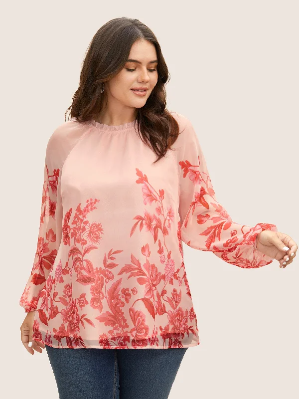 Floral Mock Neck Mesh Lantern Sleeve Blouse