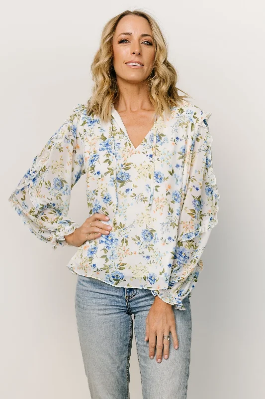 Karlie Long Sleeve Ruffle Top | Blue Floral