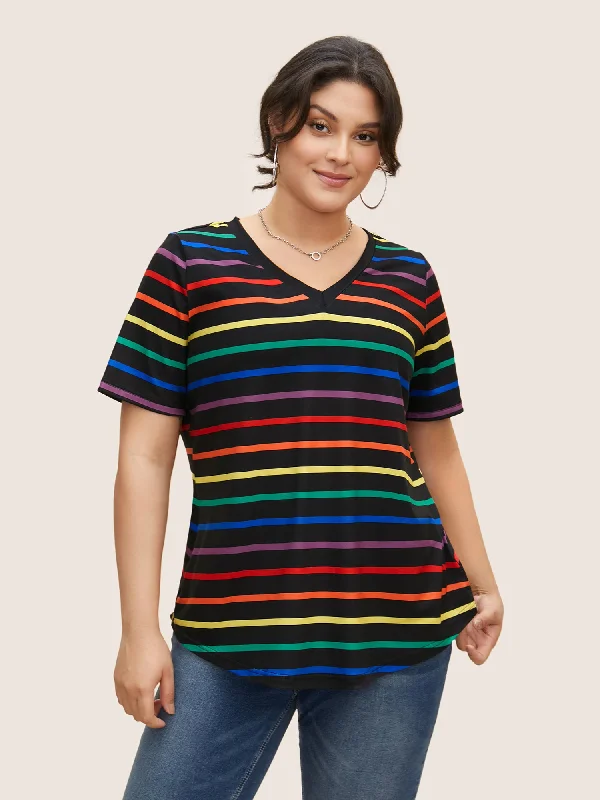 V Neck Contrast Striped Stretched T-shirt