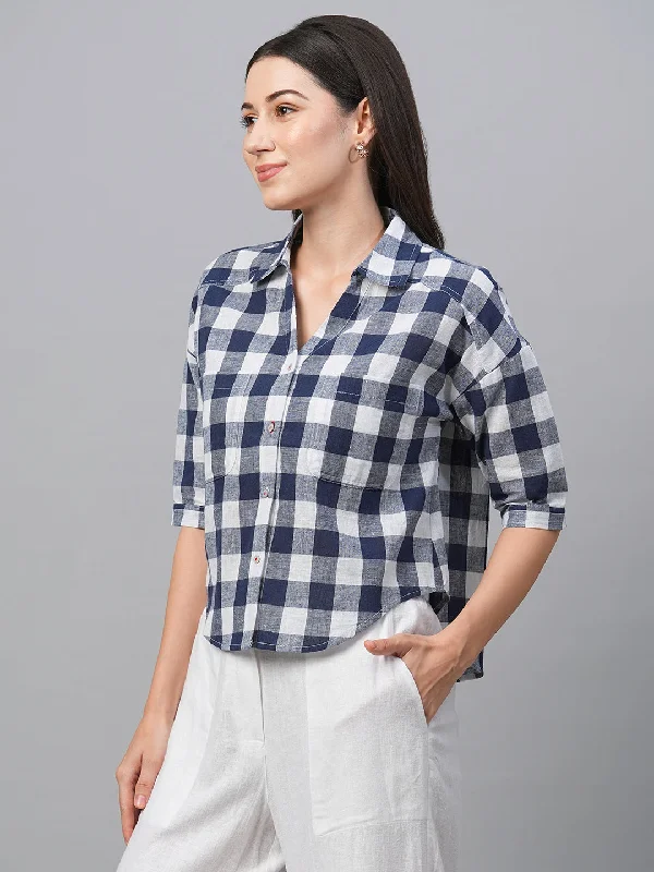 Women's Navy Cotton Linen Boxy Fit Blouse