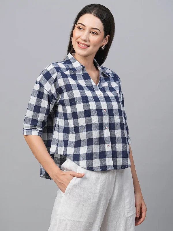 Women's Navy Cotton Linen Boxy Fit Blouse