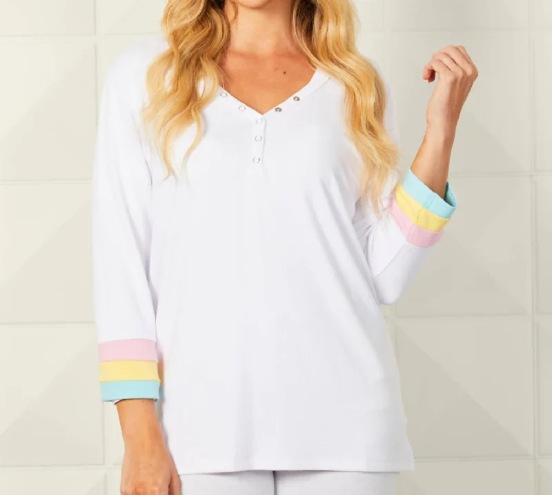 Detail Button Neck Multi Color Sleeve Top In White