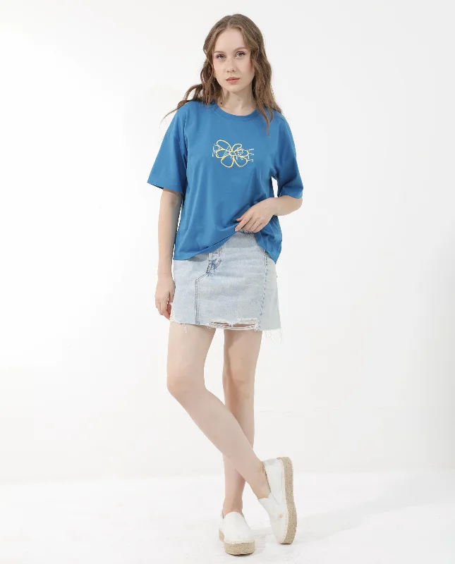 Rareism Women'S Karen Blue Cotton Poly Fabric Short Sleeve Crew Neck Solid T-Shirt