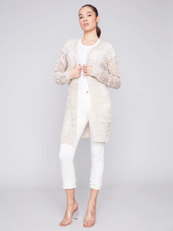 Long Knit Crochet Cardigan - Beige