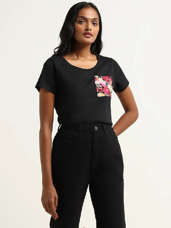 LOV Black Printed Cotton T-Shirt