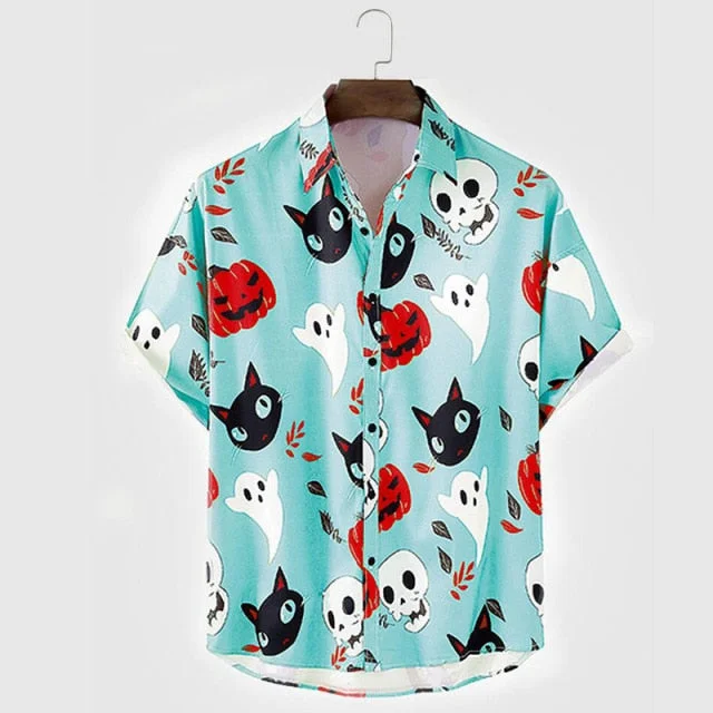 Men Vintage Shirt Summer New Hawaiian Short Sleeve Shirt Mens Halloween Pumpkin Printed Beach Casual Shirts Man Oversized Hemd