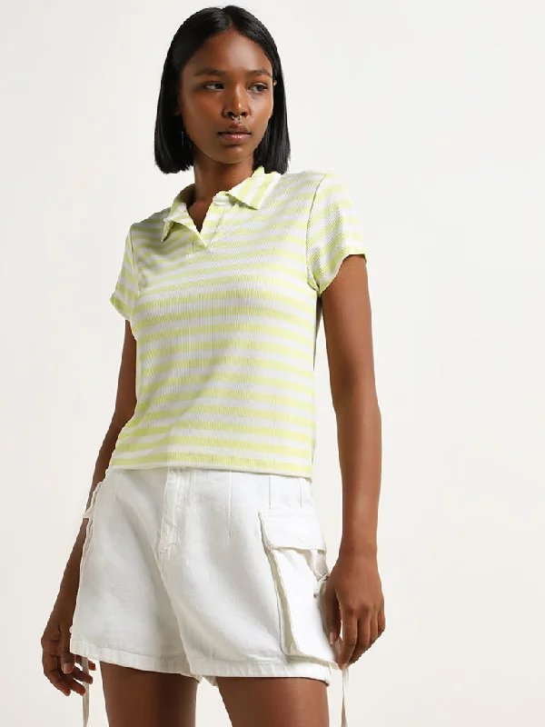 Nuon Lime Striped Collared T-Shirt