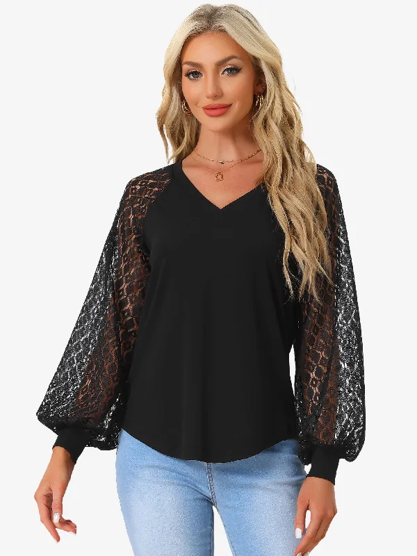 Lace Lantern Long Sleeve V Neck Casual Blouse