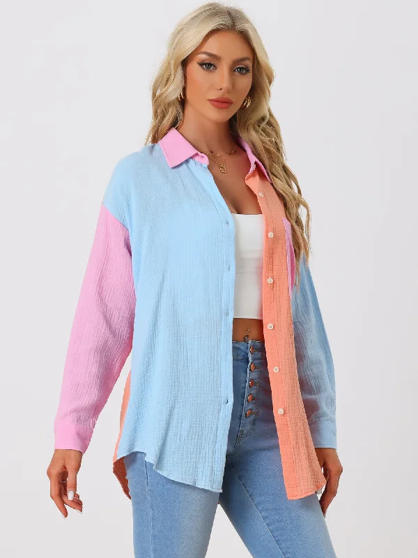 Colorblock Long Sleeve Button Down Textured Shirt Blouse