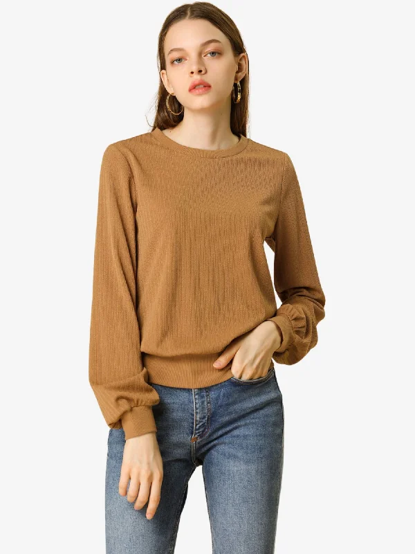 Lantern Sleeve Crewneck Winter Retro Ribbed Pullover Sweater