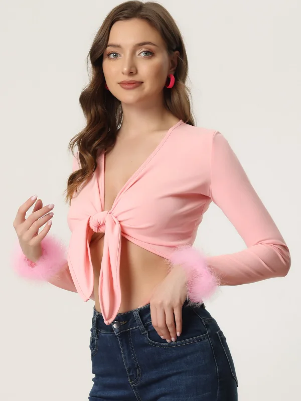 Tie Front Long Sleeve Faux Feather Cuff Open Navel Crop Top