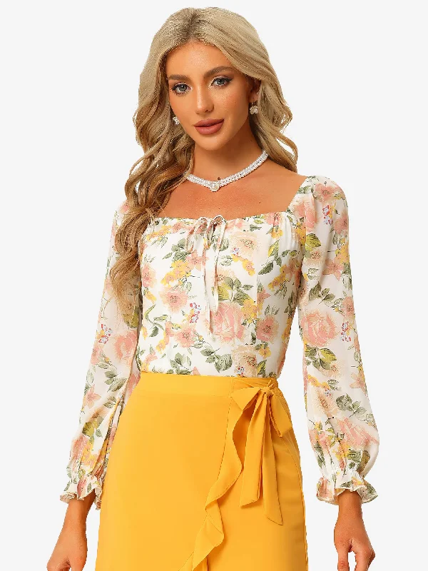 Square Neck Tops Smocked Back Puff Sleeve Elegant Floral Blouse