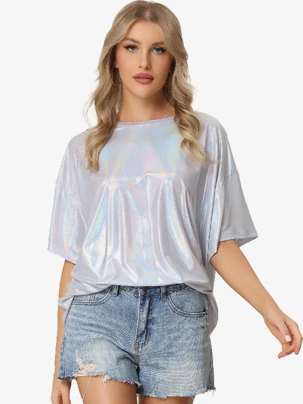 Sparkly Short Sleeve Holographic Party Metallic T-Shirt Top