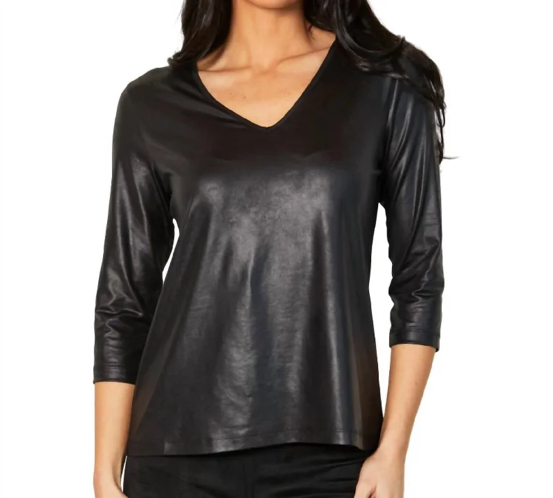 Vegan Leather V-Neck Top In Black