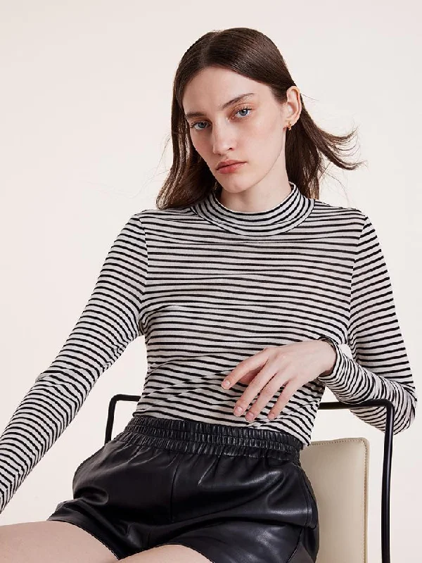 Washable Wool Striped Mock Neck Slim Women Sweater