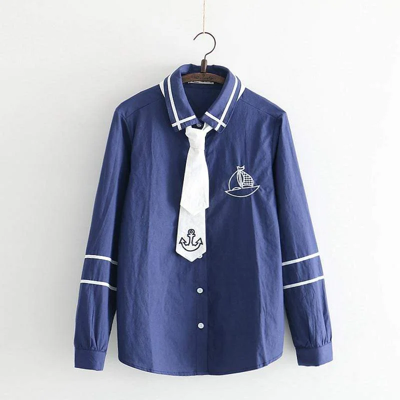 Women's Casual Ship Embroidered Contrast Color Shirts With Anchor Printed Tie 