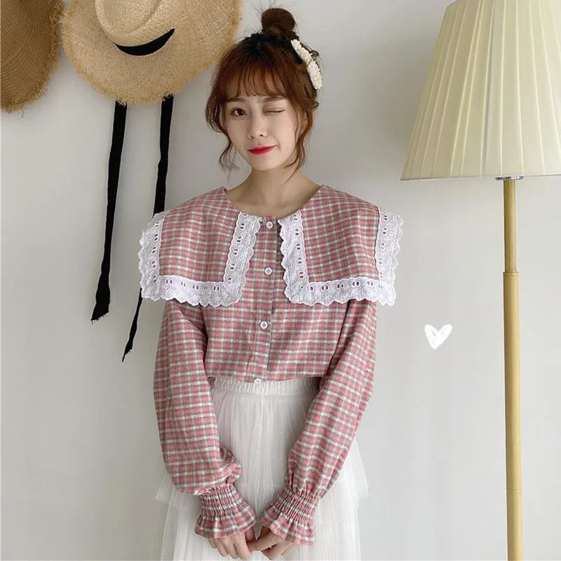 Women's Kawaii Large Lapel Puff Sleeved Plaid Shirts