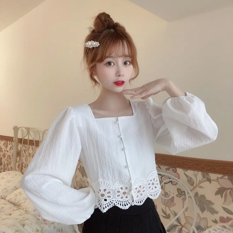 Women's Korean Fashion Square Collar Hollow Out Shirts