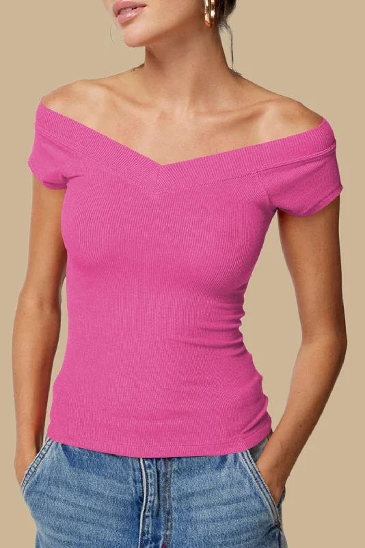 Bright Pink Plain Tight V-Neck Short Sleeve Kint Top