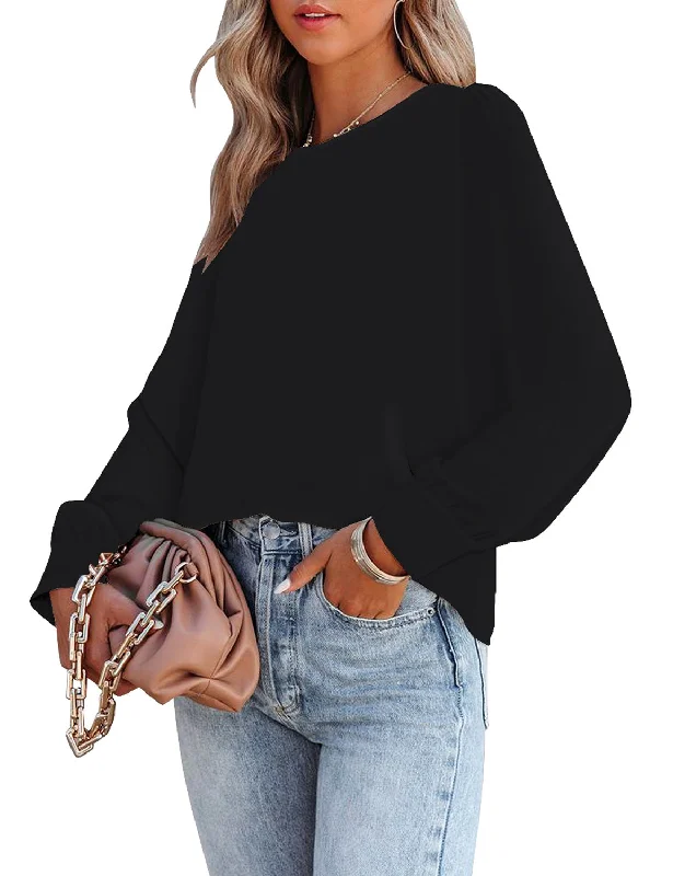 Women's Casual Blouse Crewneck Long Sleeve Flowy Basic Tops Shirt