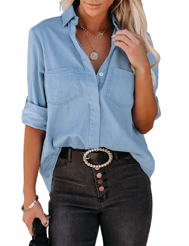 Women's Long Sleeve Collared Shirt Button Down Denim Blouse Tops