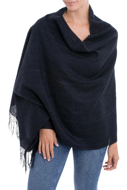 Deep Sky Midnight Blue 100% Alpaca Woven Fringed Shawl from Peru