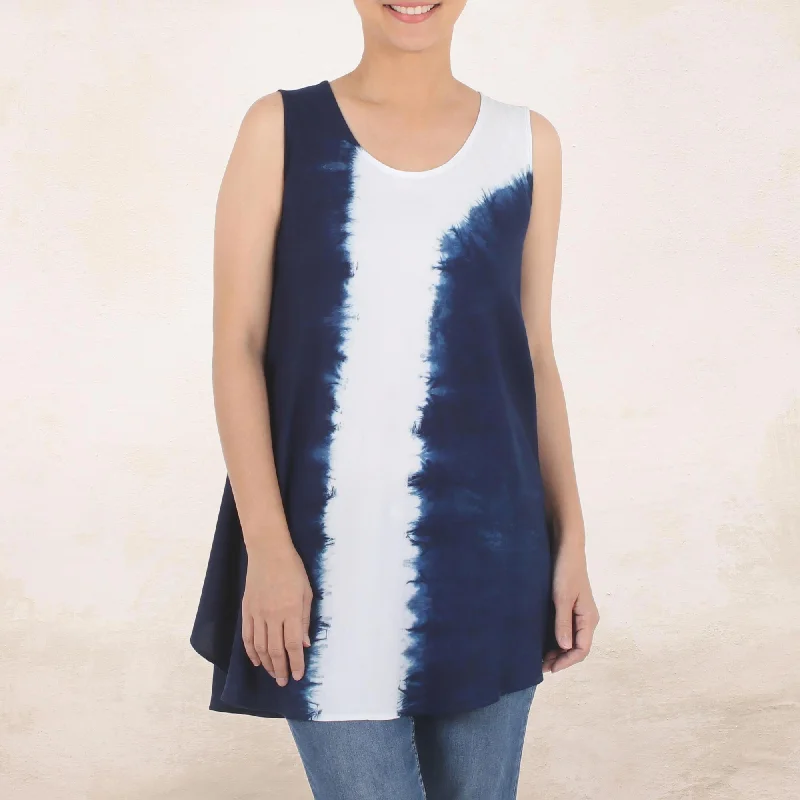 Flowing Indigo White Vertical Stripe Tie-Dye Sleeveless Cotton Tunic