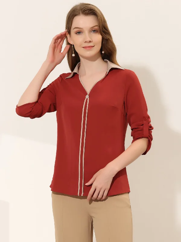 Contrast V Neck Collared Roll Up Long Sleeve Chiffon Blouse