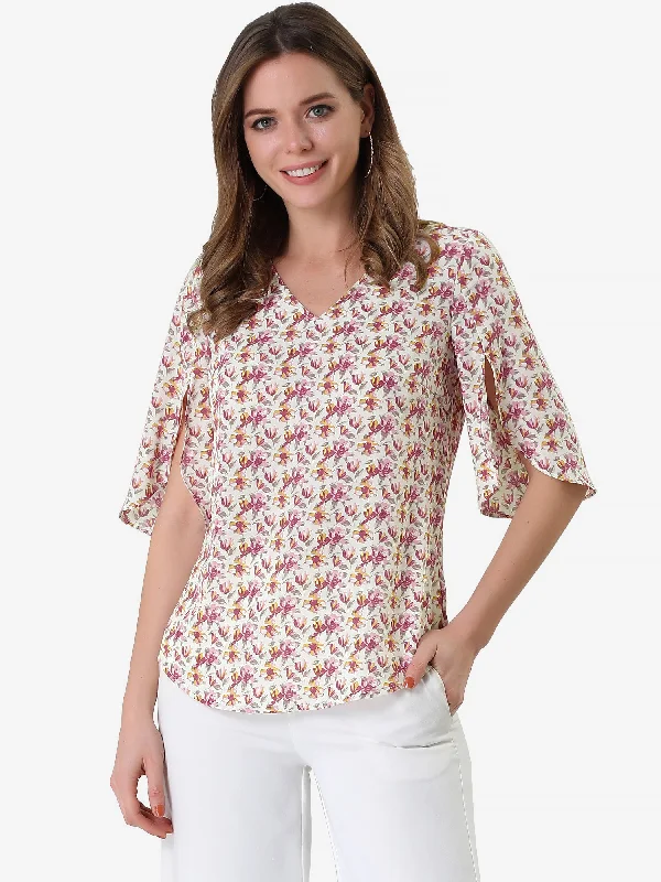 Casual Elbow Sleeve Shirt Floral V Neck Blouse Tops