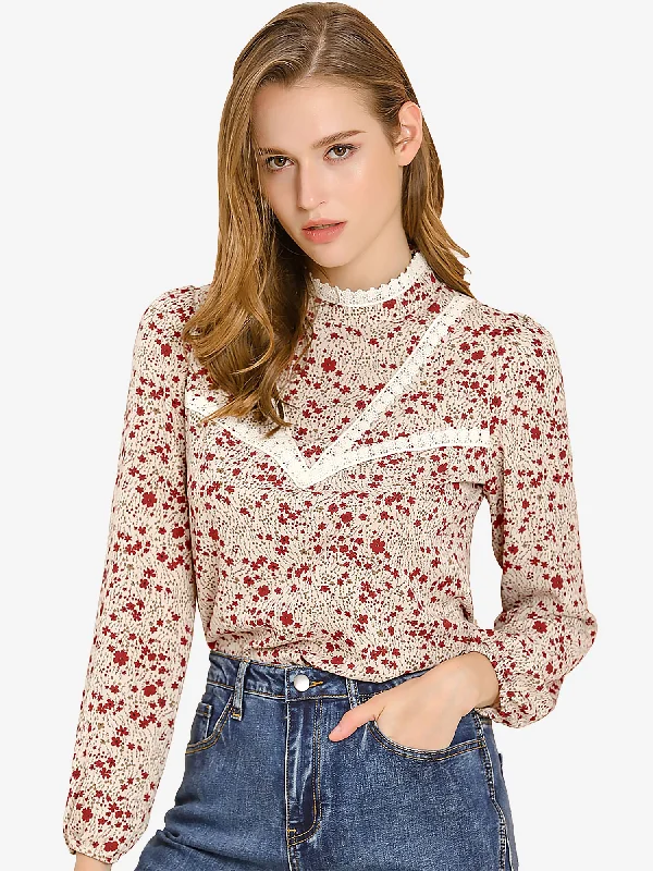 Vintage Lace Trim Stand Collar Long Sleeve Floral Valentine's Day Top