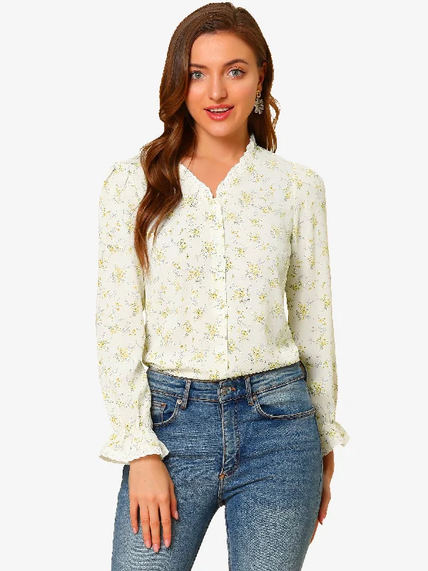 Ruffled Floral Blouse Crochet Trim V Neck Long Sleeve Chiffon Top