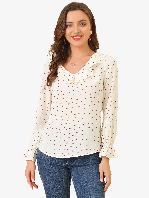 Ruffle V Neck Heart Print Valentine's Day Blouse Business Work Top