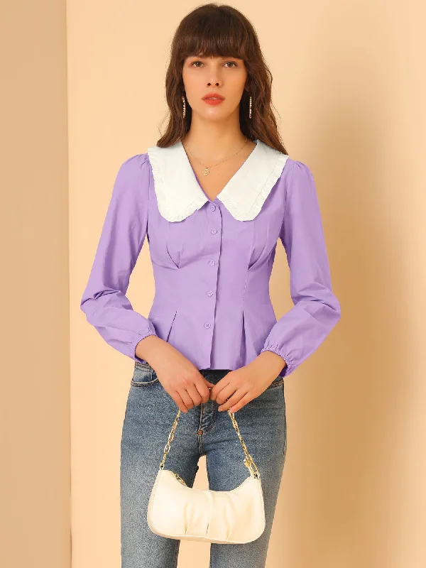 Contrast Peter Pan Collar Long Sleeve Button Down Cotton Shirt