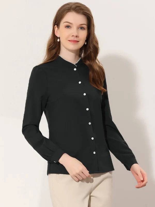 Mock Neck Button Up Shirt Work Office Long Sleeve Chiffon Blouse