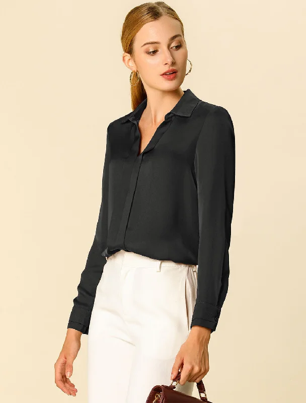 Satin Elegant V Neck Long Sleeve Silky Office Work Blouse