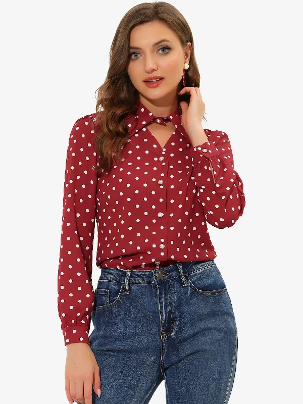 Button Down Shirt Vintage Choker Neck Polka Dots Blouse