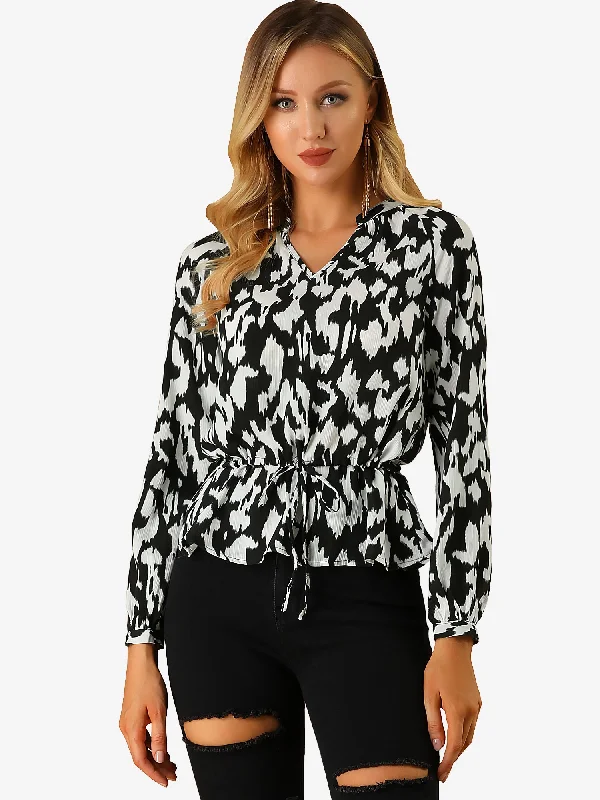 Peplum Top Long Sleeve Abstract Leopard Print Blouse