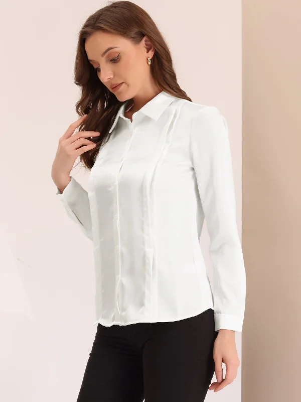 Satin Collared Pleated Front Long Sleeve Button Down Work Blouse