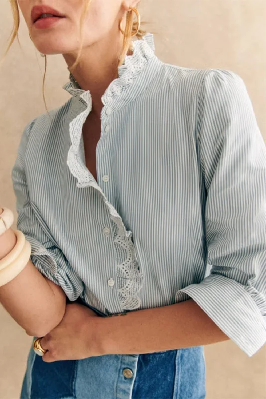 Sky Blue Striped Lace Trim Button Up Shirt