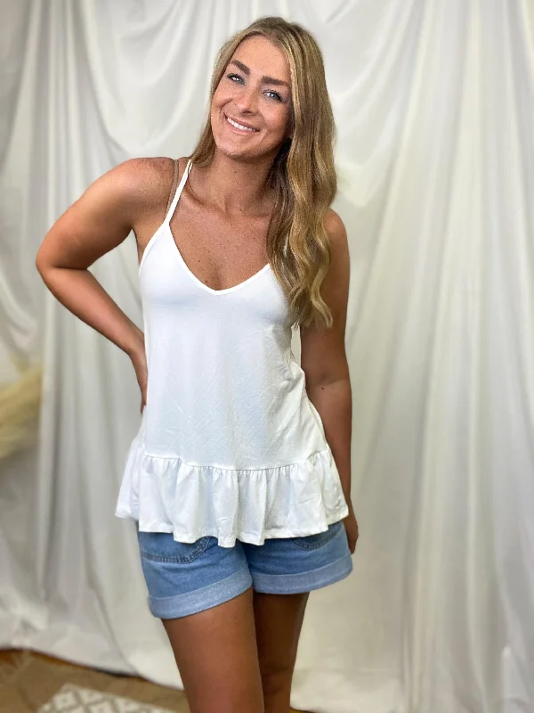 White Ruffle Hem Y-Strap Cami Top [S-3X]