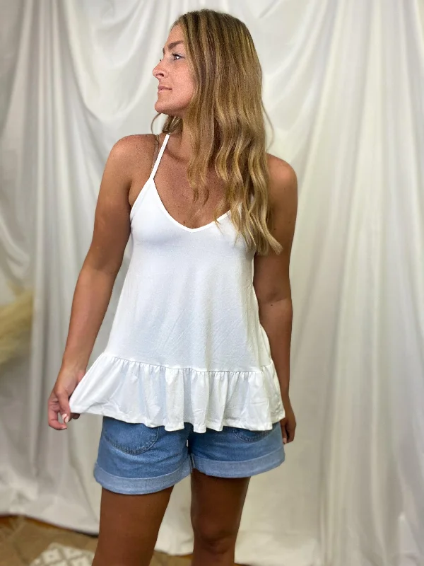 White Ruffle Hem Y-Strap Cami Top [S-3X]