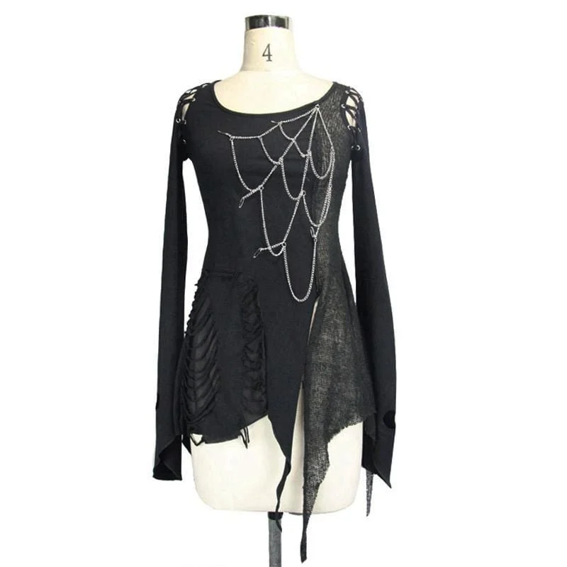 Women's Asymmetric Spider Web Goth Mesh Tops