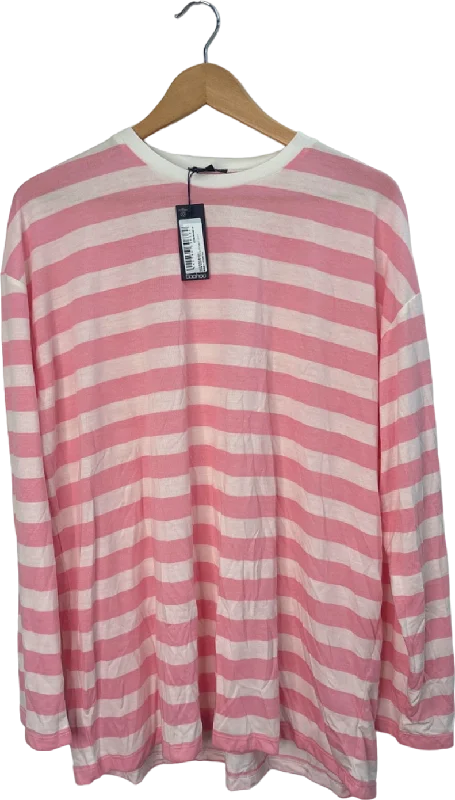 Boohoo Baby Pink and White Striped Long Sleeve Top UK 12