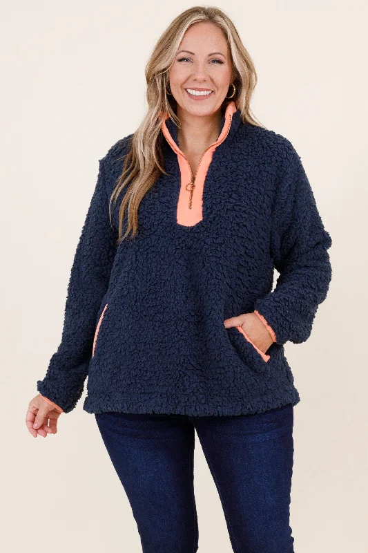 Come Visit Pullover, Navy Orange